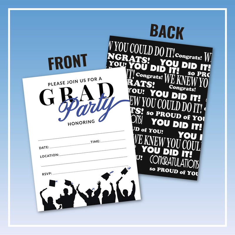 Pink Pixie Studio 25 Blue & Black Graduation Party Invitations with Envelopes for College, High School, University Grad Celebration or Announcement- Invite Cards Fill In Style- Party Decorations Supplies - Image 2
